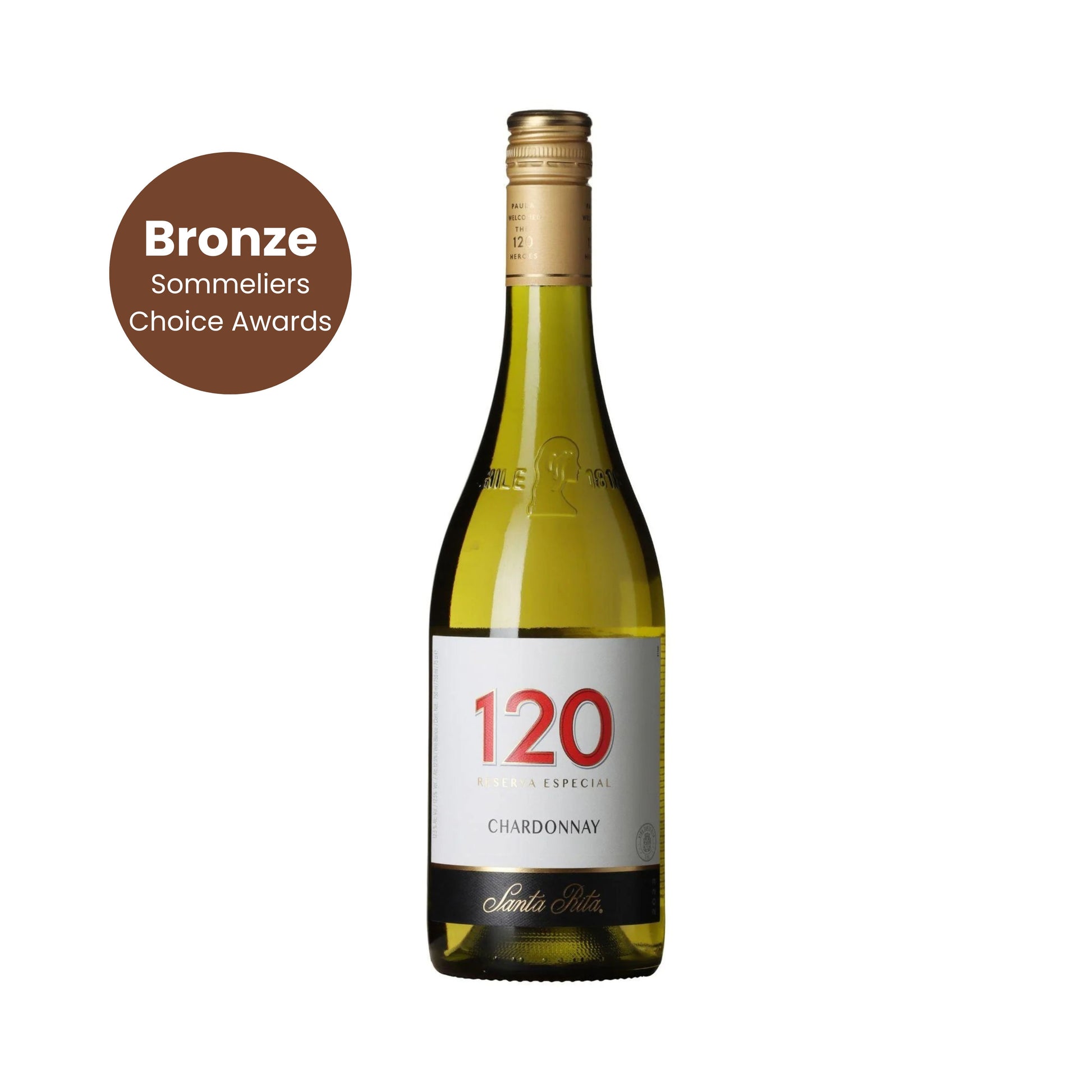 Flasche Chardonnay Weißwein, Bronze Sommelier Choice Awards, vor weißem Hintergrund