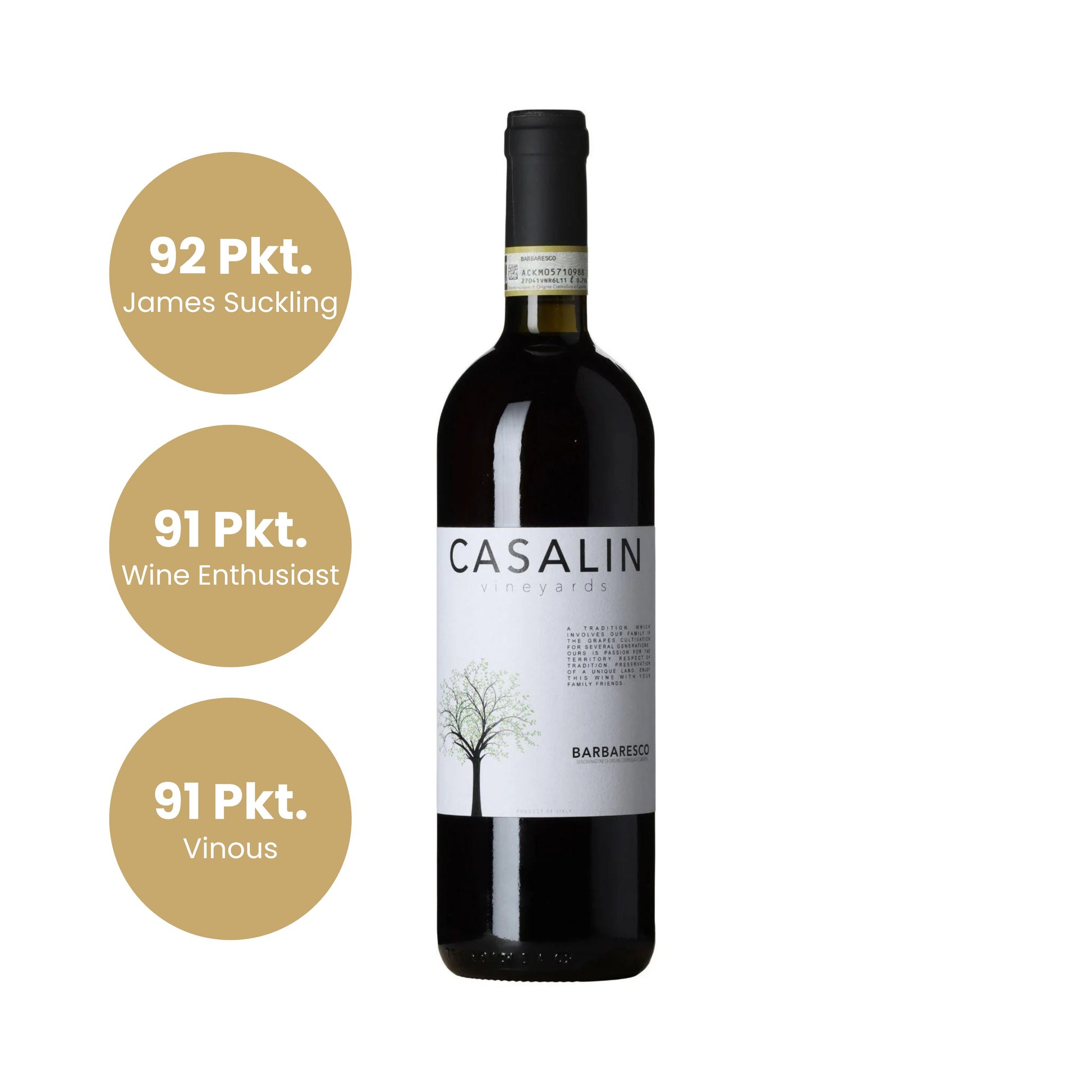 Barbaresco Rotweinflasche Casalin mit Bewertungspunkten, italienischer Qualitätswein