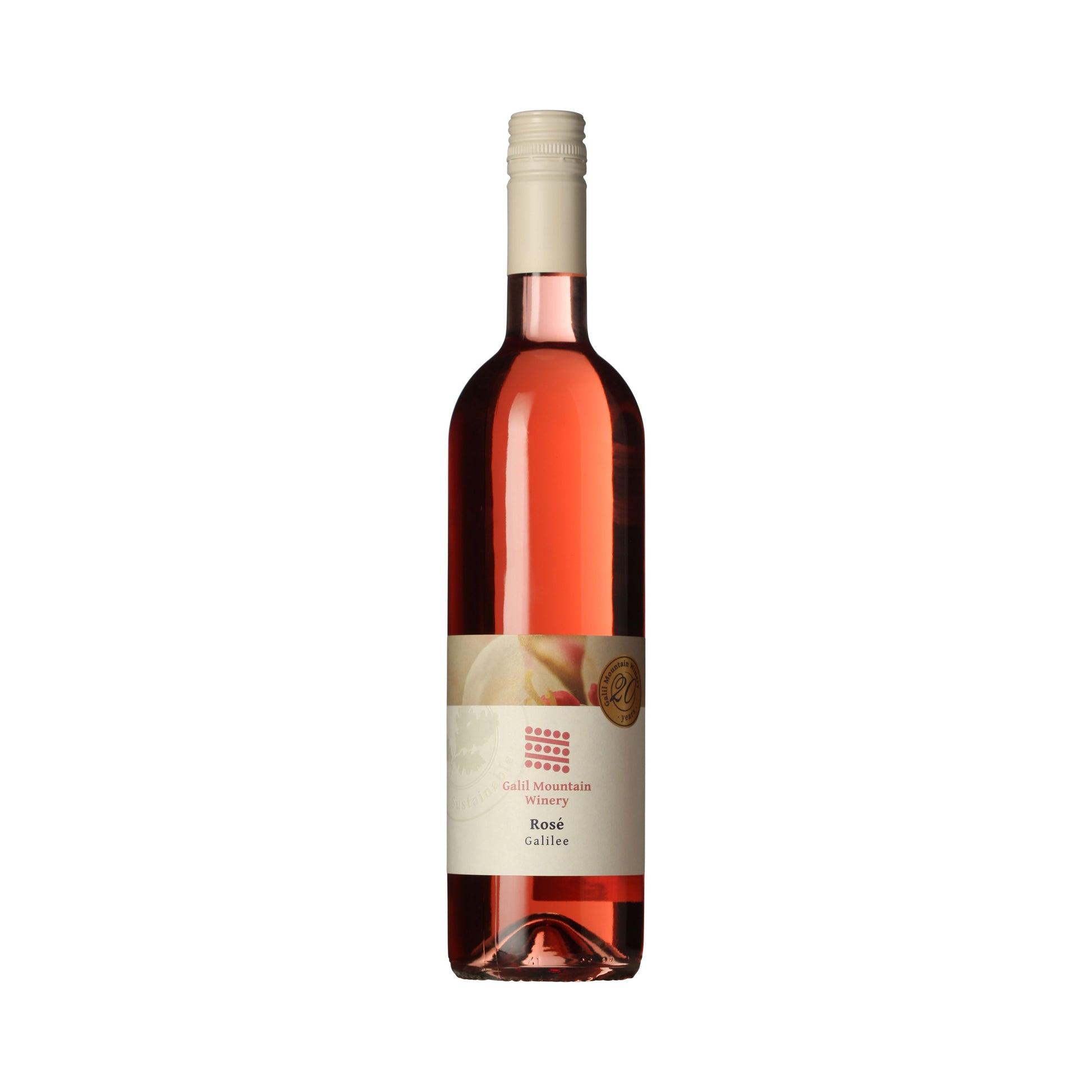Flasche Roséwein Galil Mountain Winery, klar, mit hellem Etikett auf weißem Hintergrund