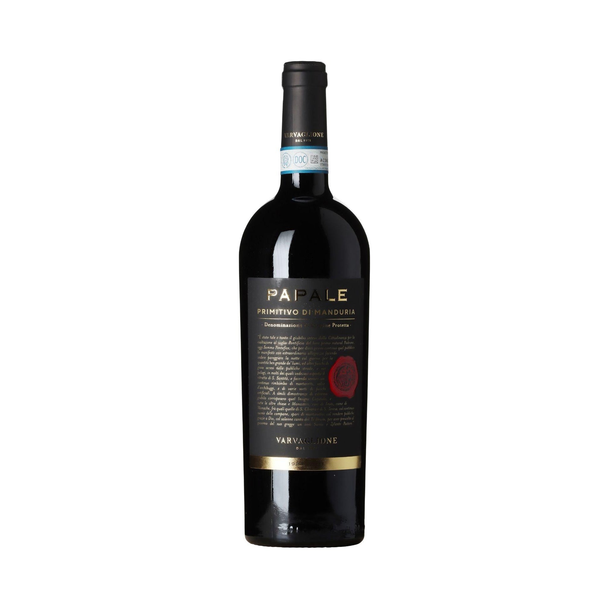 Flasche Papale Primitivo di Manduria Rotwein mit dunklem Etikett auf weißem Hintergrund