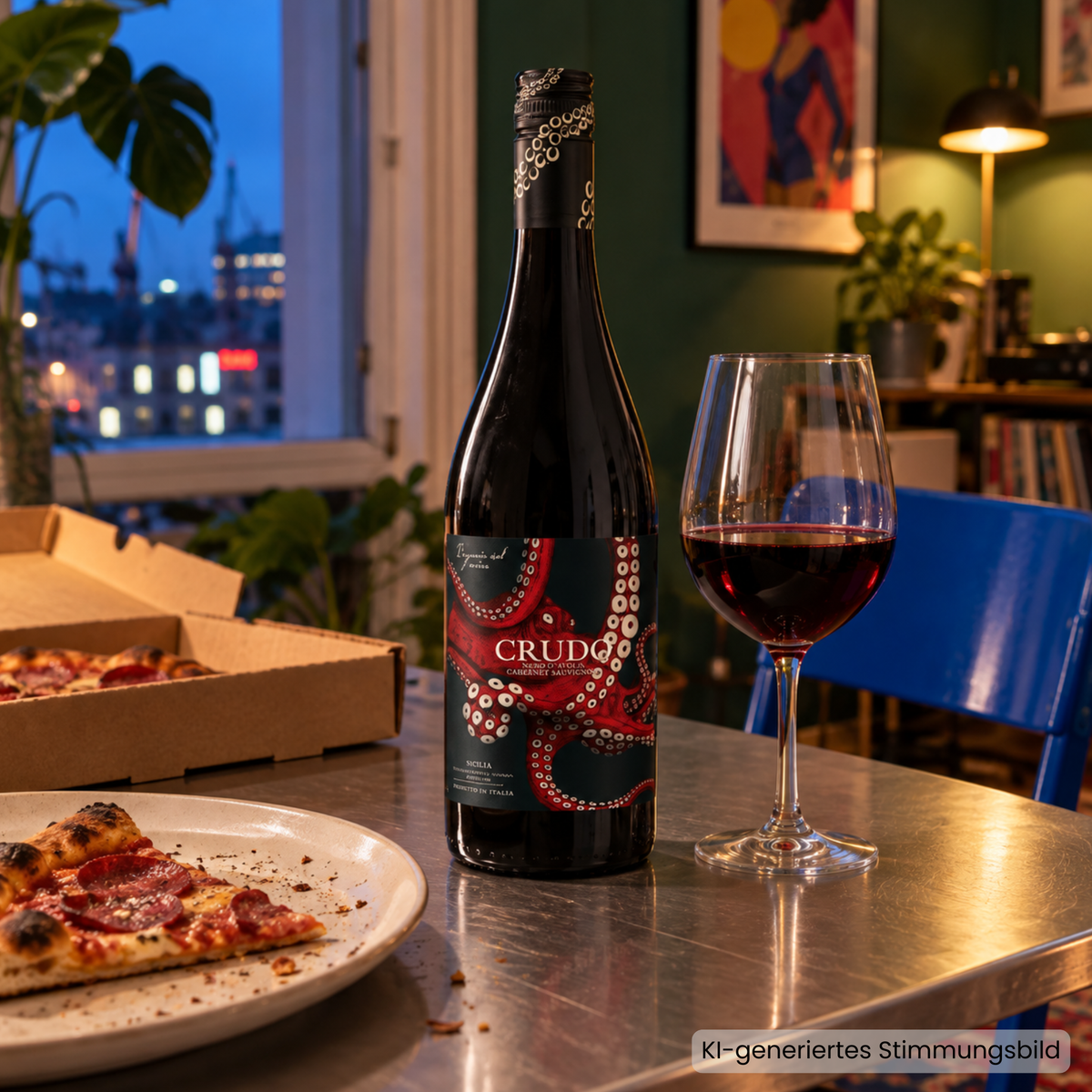 Crudo Nero d’Avola Cabernet Sauvignon mit einem Glas Rotwein und Salami-Pizza auf einem Tisch in einer gemütlichen Wohnung am Abend.