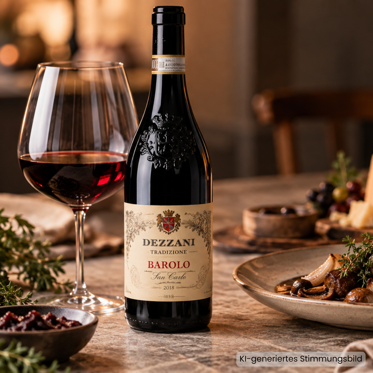 Dezzani Barolo San Carlo mit Rotweinglas zu Wildgericht und gereiftem Käse