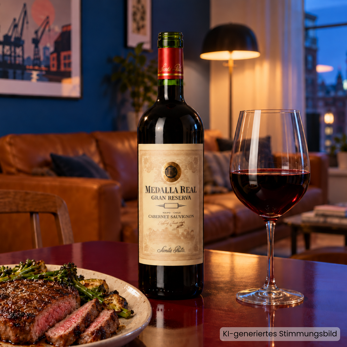 Geöffnete Flasche Santa Rita Medalla Real mit einem Glas Rotwein und gegrilltem Ribeye mit Gemüse auf einem Tisch vor blauer Wand im warmen Abendlicht.