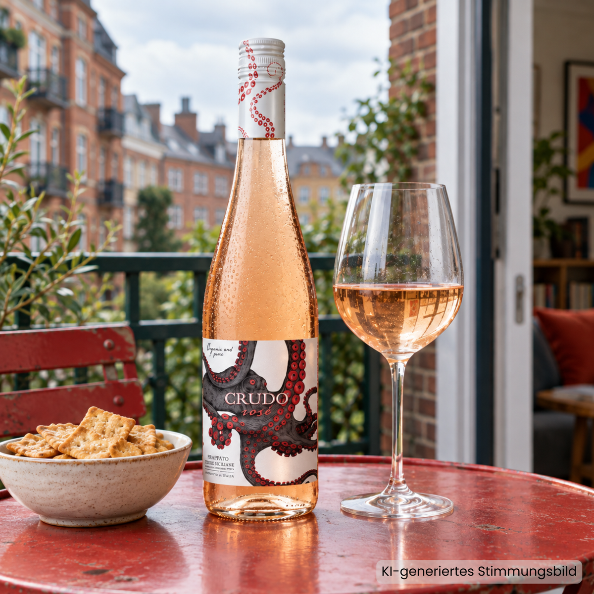 Crudo Frappato Rosé mit einem Glas Roséwein und einer Schale Cracker auf einem roten Balkontisch vor städtischen Backsteinhäusern.