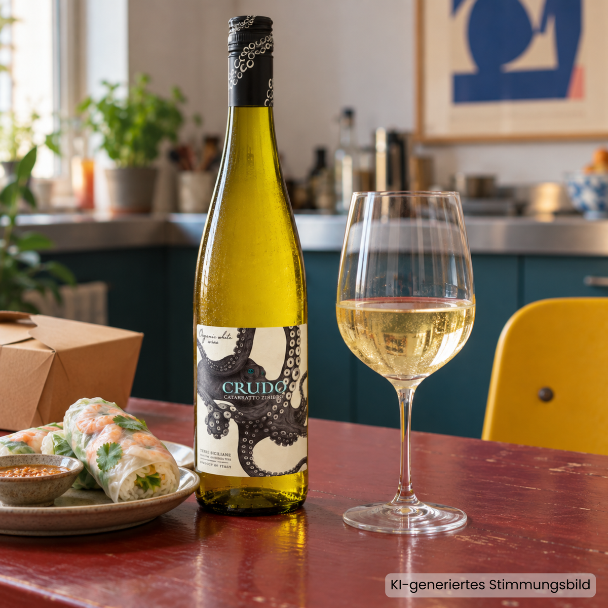Crudo Catarratto Zibibbo mit einem Glas Weißwein und Sommerrollen auf einem roten Küchentisch, im Hintergrund eine petrolfarbene Küche und ein gelber Stuhl.