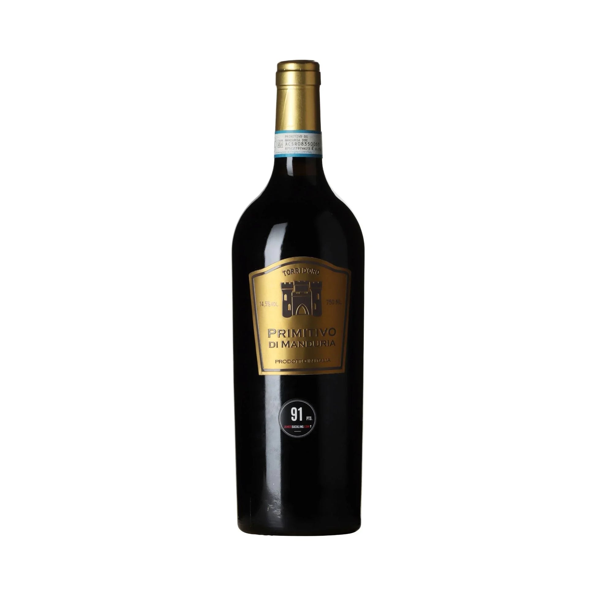Primitivo di Manduria Rotweinflasche mit goldfarbenem Etikett auf weißem Hintergrund