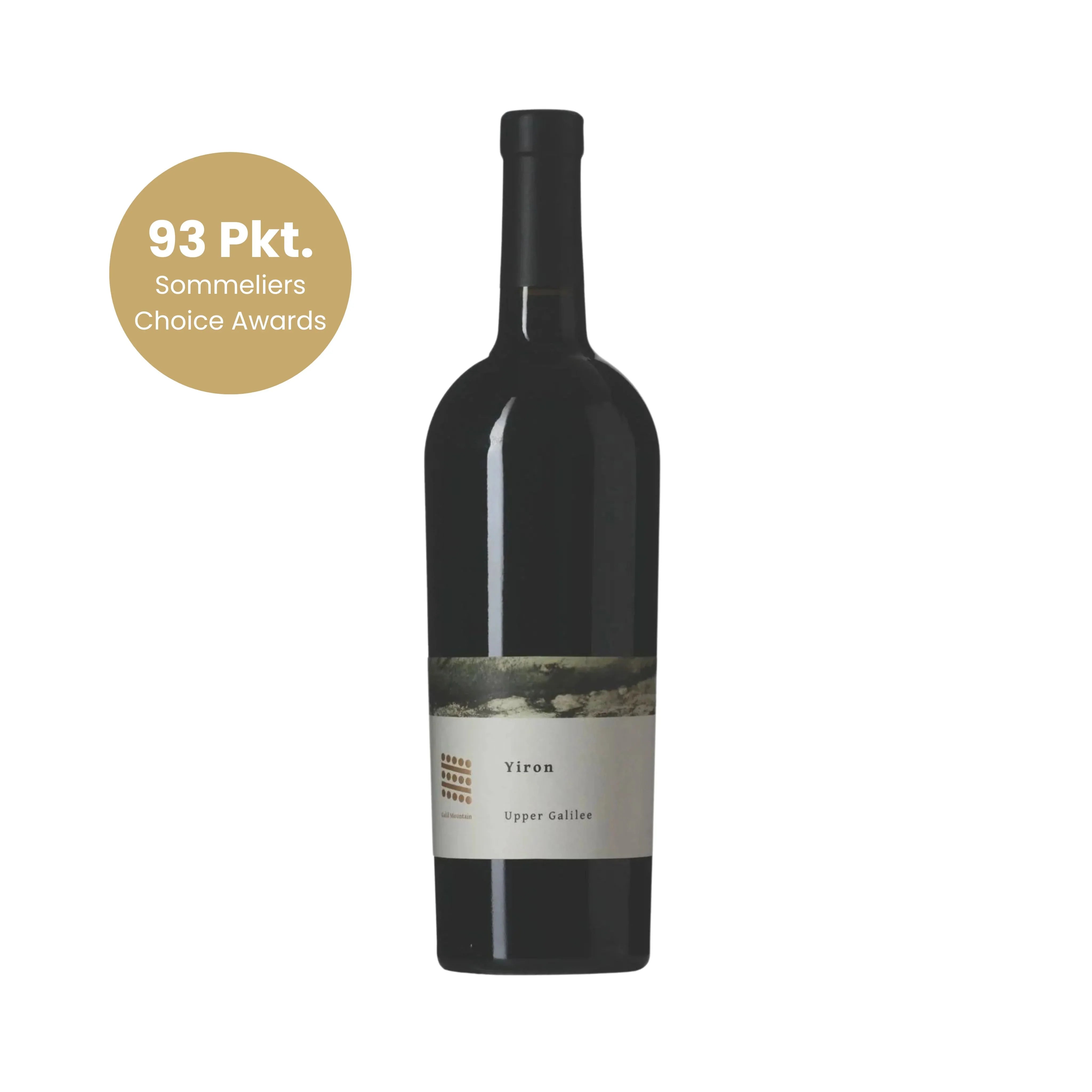 Flasche Yiron Rotwein Upper Galilee mit Award-Auszeichnung 93 Punkte, isoliert auf Weiß