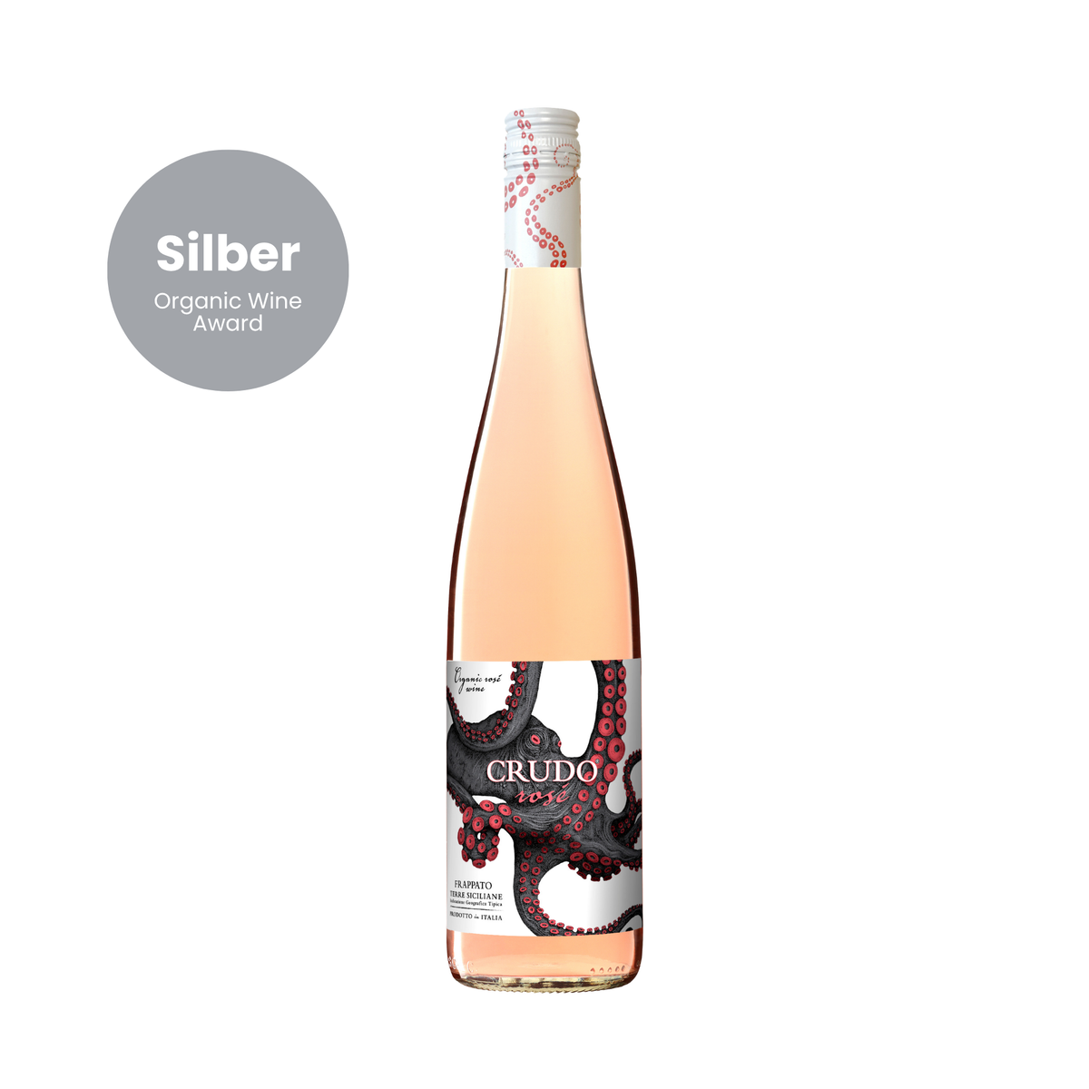 Flasche Crudo Frappato Rosé mit Oktopus-Etikett und silbernem Auszeichnungsbadge „Organic Wine Award“ auf weißem Hintergrund.