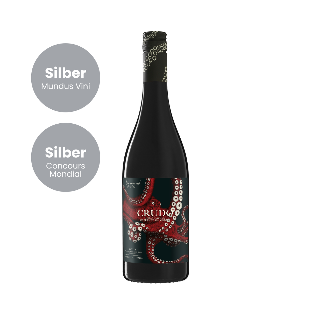 Flasche Crudo Nero d’Avola Cabernet Sauvignon mit Oktopus-Etikett und Silber-Auszeichnungen von Mundus Vini und Concours Mondial auf weißem Hintergrund.